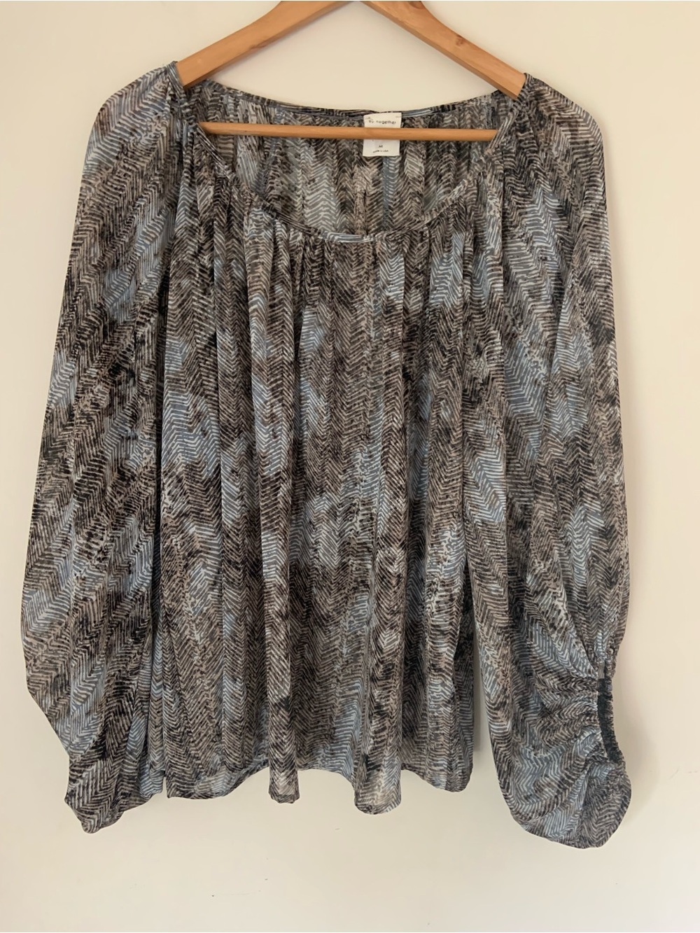 Lightweight Printed Peasant Long Wide Sleeve Semi Sheer Over Blouse Blue Gray M